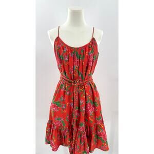 Rhode Red Lea Floral Sleeveless Dress Tie Waist Cotton Twirl Large Sundress L